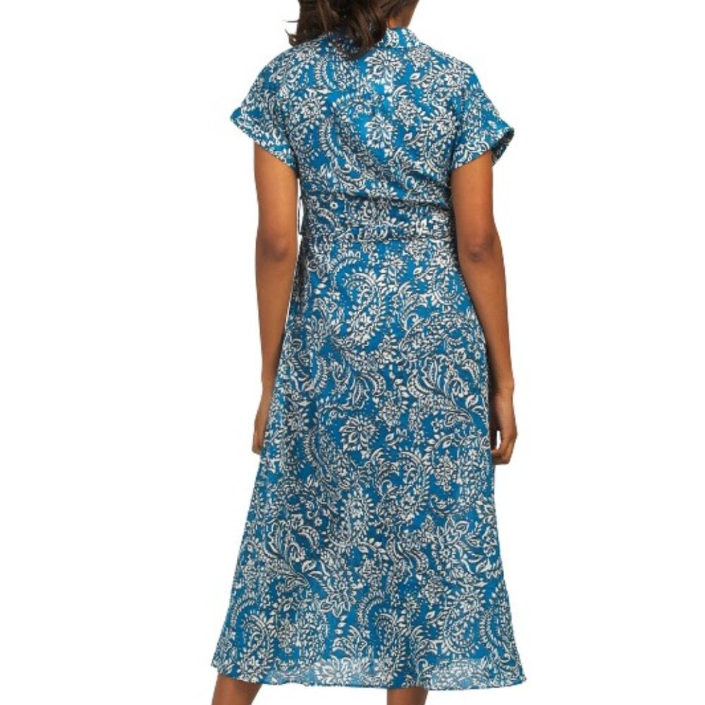 ZARA 100% Cotton Floral Blue Midi Dress Medium Button Front Belt Paisley Print - Picture 4 of 12